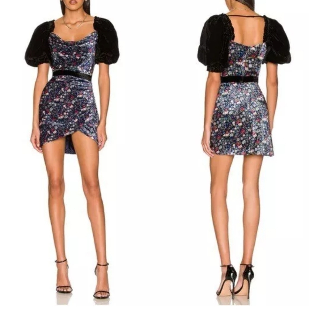 Tularosa Revolve Velvet Puff Sleeve Floral Mini Dress XS Coquette Party